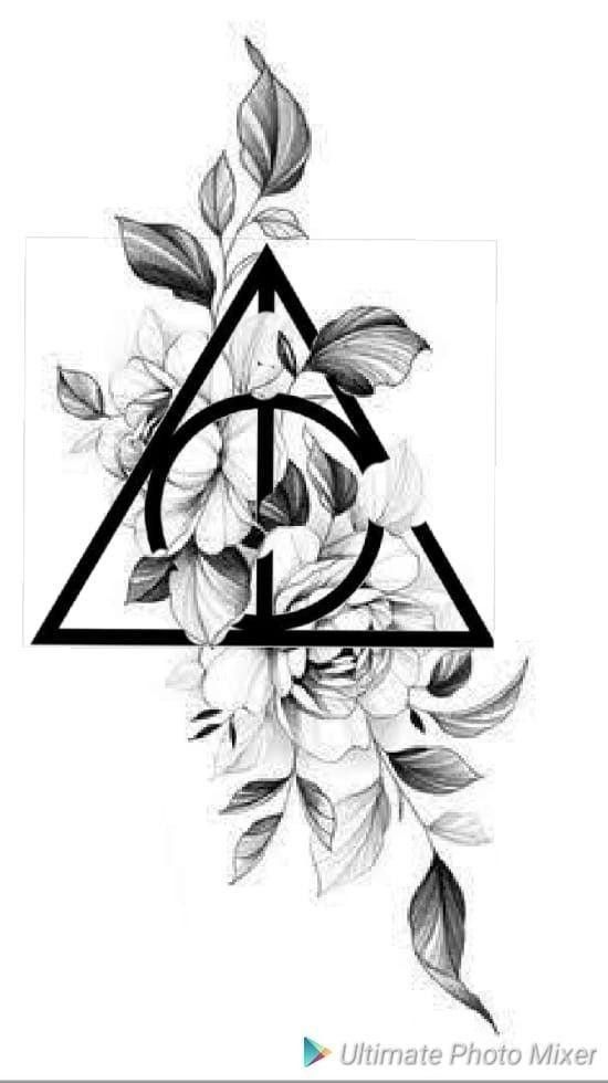 a triangle with flowers and leaves on it, in the shape of a flower tattoo