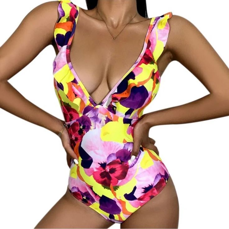 Women Sexy Bikini One-Piece Set Beach Swimwear Deep V Hot Bikini Ruffle Collar New Quality! 1. Product Name: Women's Deep V Ruffle Collar Printed One-Piece Swimsuit 2. Product Style: The Deep V-Shaped Elongated Neck Line And The Cut Of The Ruffle Collar Shape Show The Fashionable And Elegant Temperament. The Crossed Shoulder Strap On The Back Is Designed With A Small Flash On The Shoulder. Some Lovely And Playful Elements Are Added To The Back. The Fashionable Printing Colors Are Carefully Used Trendy One-piece Swimwear For Vacation, Yellow Lined Swimwear For The Beach, Yellow Lined Swimwear For Beach, Fitted Bodysuit For Beach Party Vacation, Beachwear One-piece With Ruffles For Vacation, Pink Ruffled One-piece Swimsuit For The Beach, Pink Ruffled One Piece For Beach, Trendy One-piece Swimwear For Beach Party, Pink Ruffled One-piece For Beach