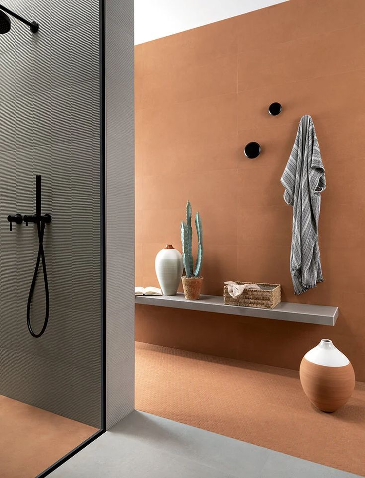 a bathroom with an orange wall next to a white shelf and cactus in the corner