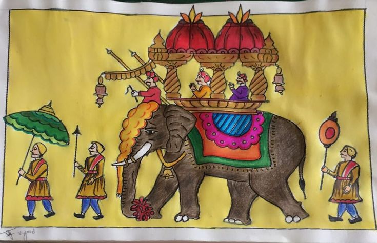 a drawing of an elephant with people around it