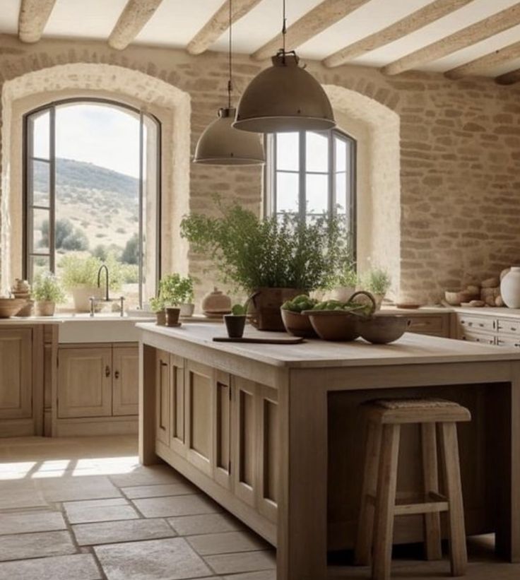 a kitchen with stone walls and an island in front of two windows that have potted plants on it