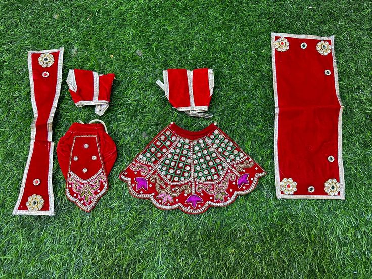 Very beautiful embellished Radha Krishna red poshak in multicolour  Available for lehenga dhoti of size  4 inches- for idol size 7-8 inches  Quality guaranteed  From land of Krishna, Mathura Red Mirror Work Sets For Diwali, Diwali Red Sets With Mirror Work, Red Festive Tilla Sharara, Festive Red Tilla Sets, Traditional Red Sets With Mirror Work, Red Tilla Choli For Navratri, Red Sets With Tilla In Traditional Drape, Red Sets With Tilla Detail And Traditional Drape, Festive Red Set With Dori Work