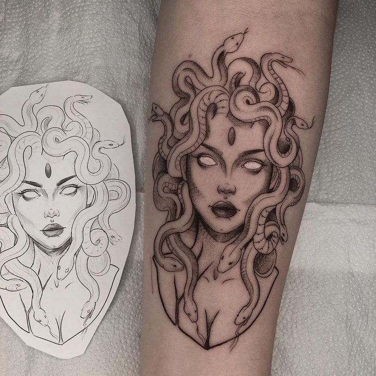 a woman's face is shown next to a tattoo