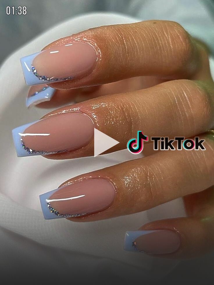 + + Best light blue & baby blue nails! Sharing the prettiest light blue and baby blue nail designs to bright, Light Blue French Tips, Glitter French Nails, Homecoming Nails Blue, Blue French Tips, Brown Nails Design, Light Blue Nails, White And Silver Nails, Baby Blue Nails, Wedding Nails Glitter