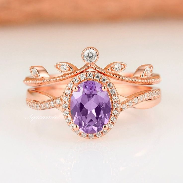 Amethyst Ring Engagement, Gemstone Art, Couples Ring Set, Birthstone Gifts, Solid Gold Jewelry, February Birth Stone, Stacking Ring, Amethyst Ring, Wedding Rings For Women