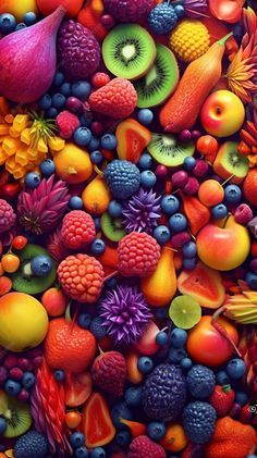 many different types of fruits and vegetables are arranged in the shape of a large pile