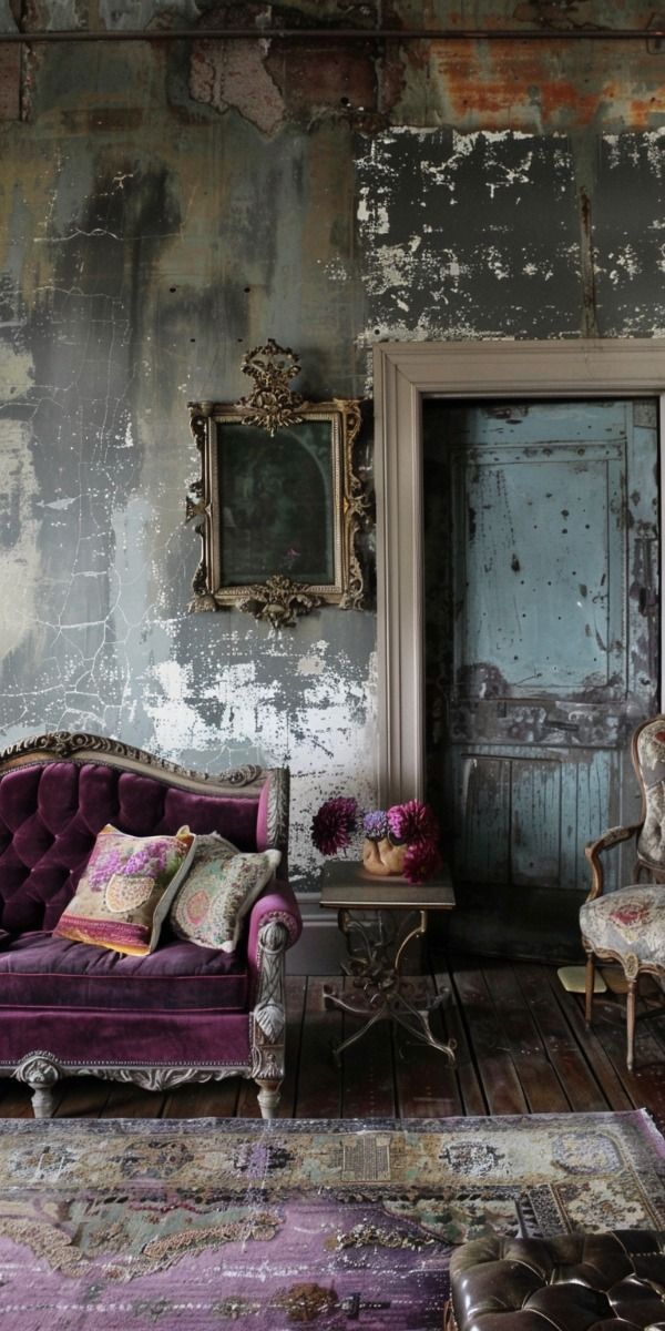 an old living room with peeling paint and furniture