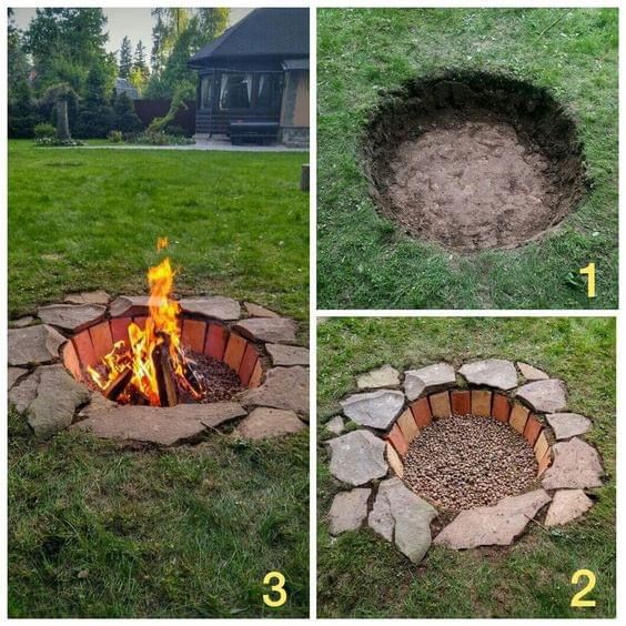 four pictures showing how to build a fire pit in the grass with stones and bricks