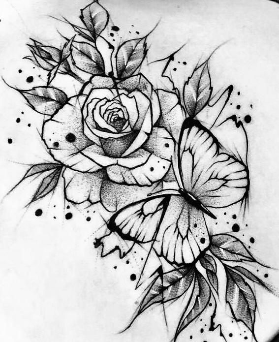 a rose and butterfly tattoo design on the back of a woman's shoulder,