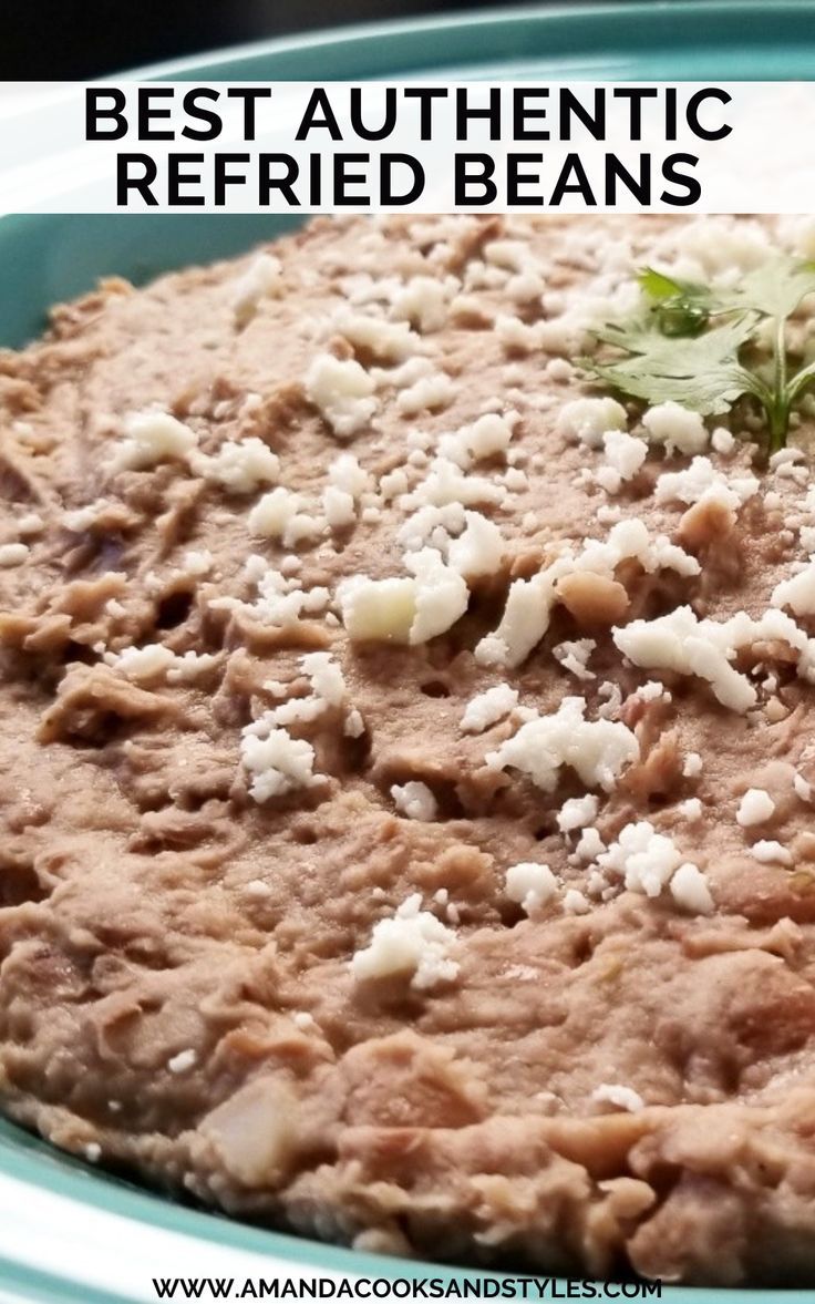 an artisan mexican refried beans recipe in a blue bowl with text overlay