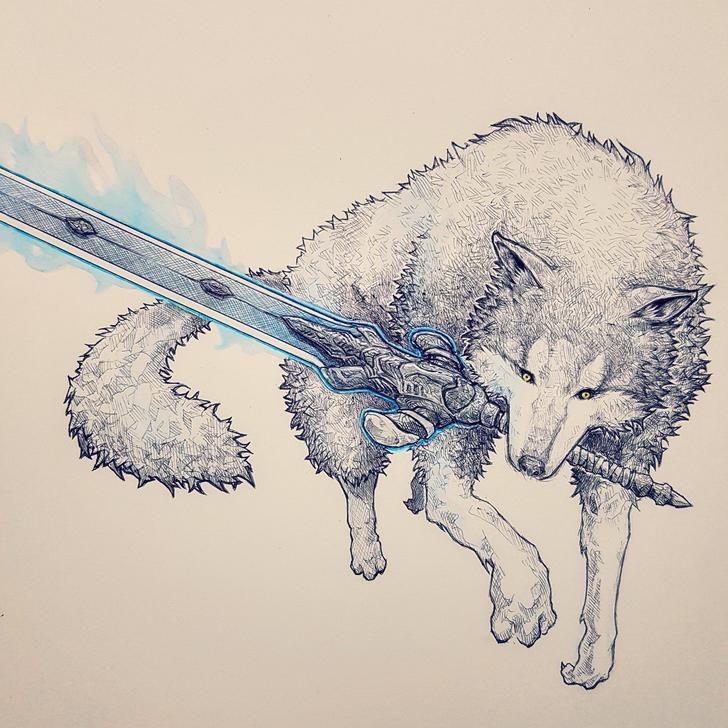 a drawing of a wolf with a pair of skis on its back, jumping up into the air