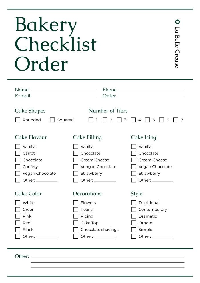 the bakery checklist order form is shown