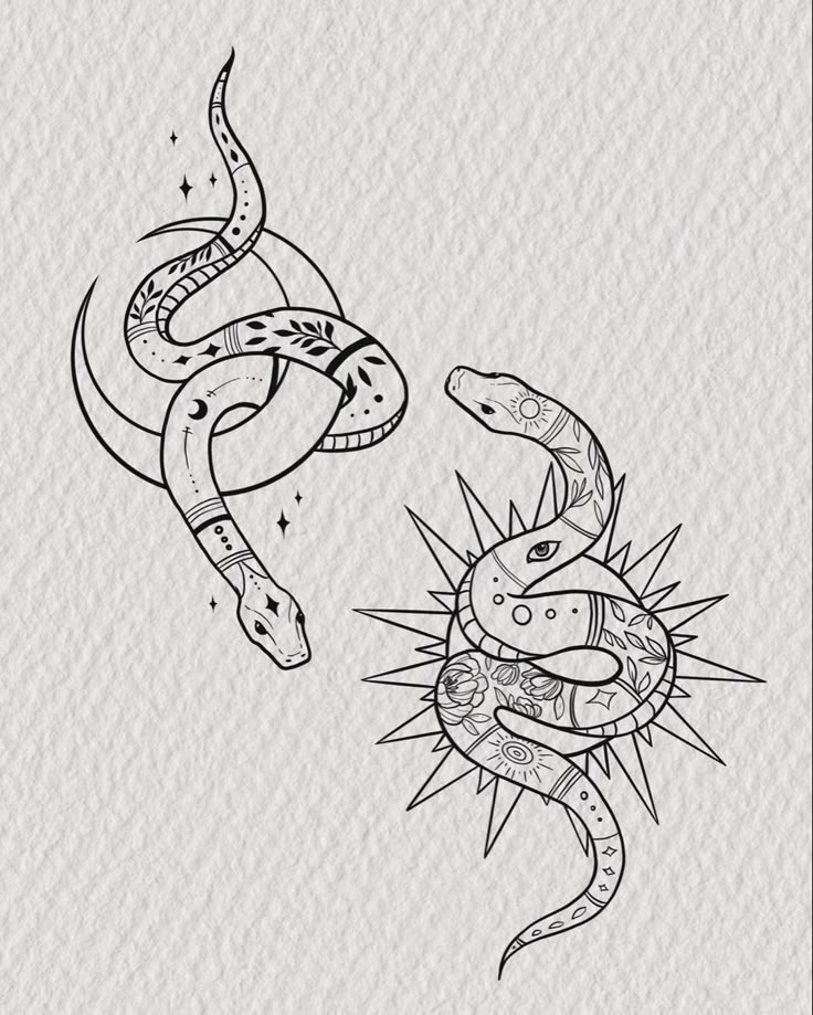 Tribal sun and moon inspired snake tattoo art for best friends or sisters Pair Tattoos, Tattoo Sonne, Small Snake Tattoo, Partner Tattoos, Maching Tattoos, Cute Matching Tattoos, Matching Friend Tattoos, Small Matching Tattoos, Bestie Tattoo