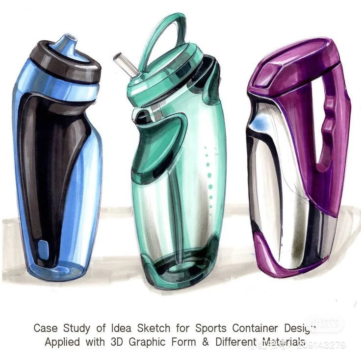 three water bottles with lids and handles are shown in this drawing, one is purple, the other is green