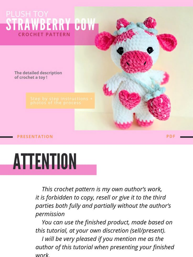 a pink and white cow stuffed animal sitting on top of a table next to a text description