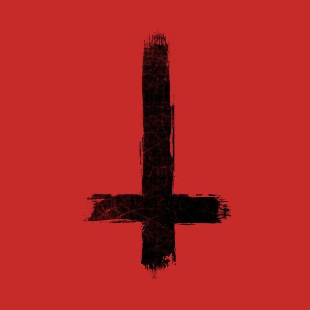 the cross is painted in red and black on a red background with grungy edges