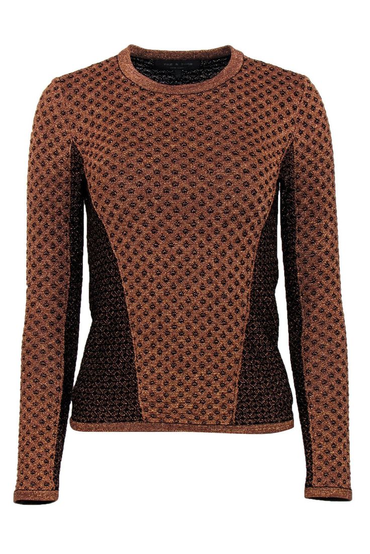 Current Boutique-Rag & Bone - Copper & Black Metallic Knit Sweater Sz XS Fitted Knit Top For Fall Party, Chic Winter Party Sweater, Knit Sweater For Fall Party, Knit Sweater For Party In Fall, Fall Party Knit Sweater, Winter Party Sweater, Fitted Textured Knit Winter Sweater, Stretch Textured Knit Top For Winter, Fitted Knit Top For Winter Party