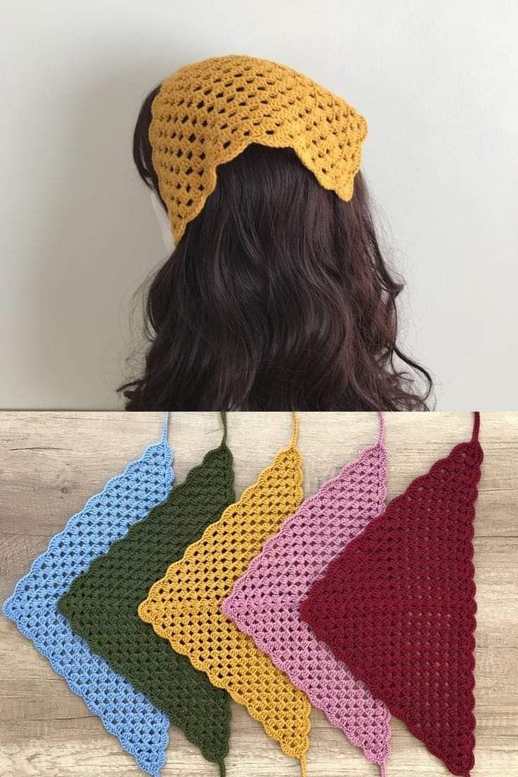 four crocheted headbands with different colors on them, one is yellow and the other is red