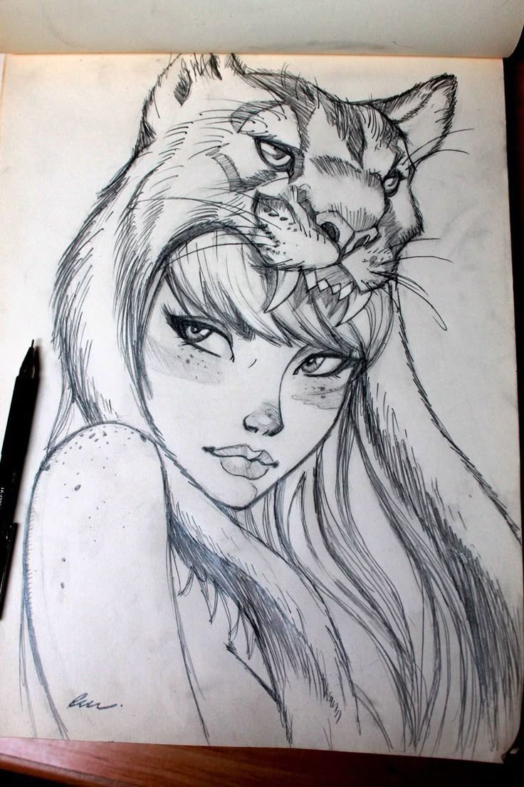 a drawing of a girl with two cats on her head