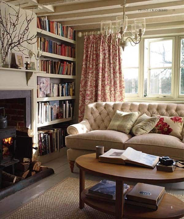 a living room filled with furniture and a fire place in front of a book shelf