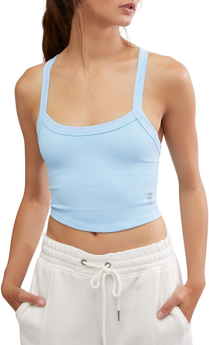 So essential, this cami is an easy layer featuring a soft and light fabrication that offers barely-there coverage, with a flattering scoop neckline and racerback for effortless cool. Fit & Design: Designed with a cropped fit that sits above the natural waist Lightweight and comfortable to allow airflow while keeping you cool Stretches lengthwise and widthwise with quick recovery to form to your every move Barely-there, super soft fabrication Minimal coverage Wide scoop neckline Racerback Scoop h Casual Scoop Neck Tops With Bra-friendly Design, Casual Scoop Neck Tops With Bra Friendly Design, Blue Tops With Built-in Bra For Everyday, Blue Tank Strap Top, Blue Tank Strap Top For Everyday, Blue Everyday Tank Top, Everyday Blue Top With Built-in Bra, Everyday Blue Tops With Built-in Bra, Casual Summer Camisole With Seamless Construction