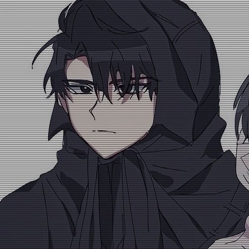 two anime characters one with black hair and the other with dark hair, both staring at something