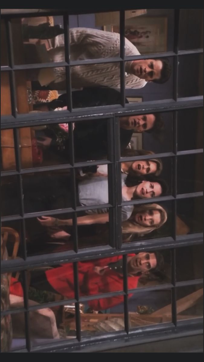 the cast of friends are looking through bars