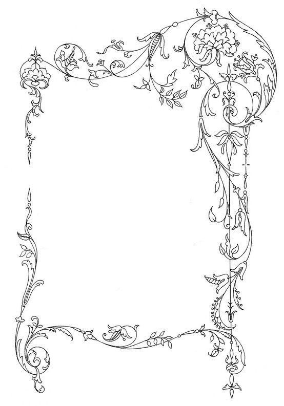 an ornate frame with flowers and vines on the edges, in black ink against a white background