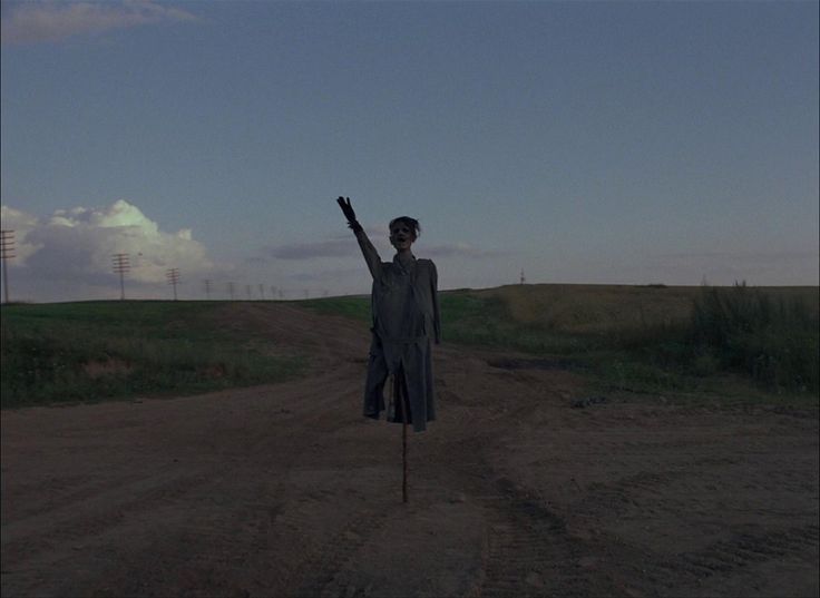 a person standing in the middle of a dirt road with their arms up and one hand raised