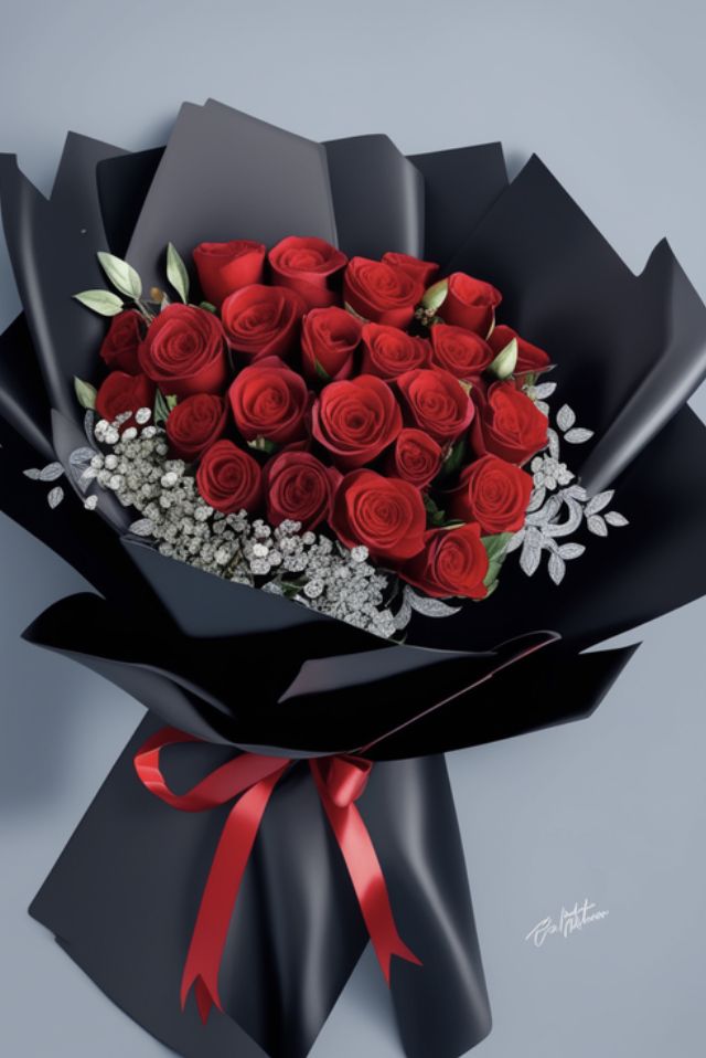 a bouquet of red roses wrapped in black paper