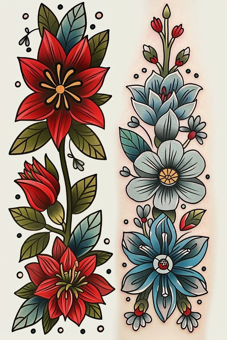 two flower tattoos on both side of each other, one with blue and red flowers