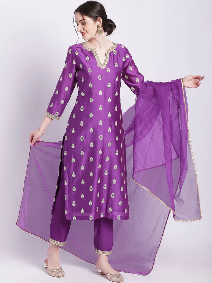 Our Purple Kurta Set with Organza Dupatta is a timeless classic crafted from luxurious silk and adorned with intricate zari embroidery and delicate gotta work. The complementing organza dupatta adds a graceful touch to this exquisite ensemble. Perfect for your special occasions. No. of pieces - 3 piece set. Fabric - Silk and Organza. Color - Purple. Kurta length - 44 inches. Washing Instructions - Dry Clean. Gotta Work, Zari Embroidery, Silk Kurti, Purple Suits, Palazzo Suit, Royal Colors, Organza Dupatta, Kurta Set, Womens Size Chart