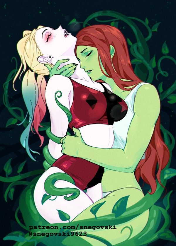 two women hugging each other in front of green leaves and vines on a black background