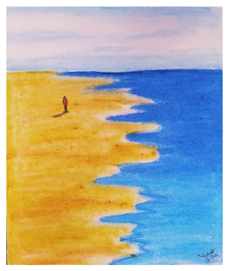 a painting of a person walking on the beach