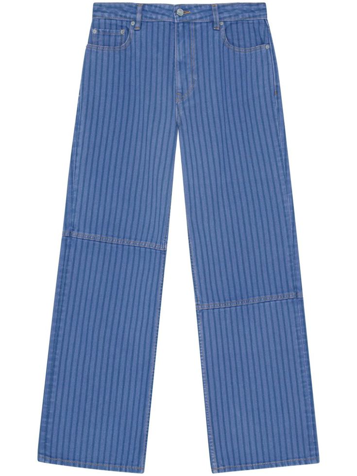 sky blue organic cotton denim vertical stripe pattern appliqué logo mid-rise belt loops classic five pockets wide leg This item is made from at least 50% organic materials. Learn more about what makes a product Conscious on our Conscious Criteria page High Heel Rain Boots, Country Blue, Wardrobe Edit, Yoko London, Organic Materials, Wide Leg Denim, Ballet Flat Shoes, Ski Wear, Dress With Boots