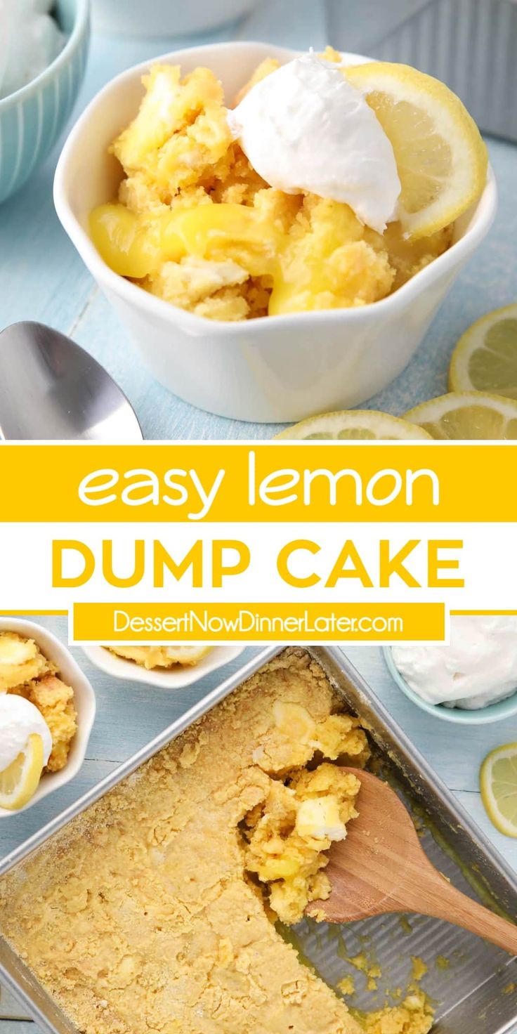 lemon dump cake in a white bowl on top of a blue table with lemons