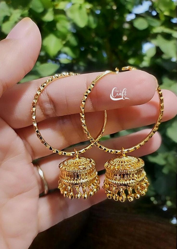 22k Dubai Gold plated Hoop Jhumka Earrings for women.  *jumka length 4.8 CM long and hope size 3 CM Round.   Best Simple Gift for anyone.  Handmade Hoop Earrings are so pretty.  *We Ship SAME Day if you place order between  1 am to 1 pm.  or Next working day from New York city with USPS standard 3-5 working day delivery . ●size  length 5 CM  Round Bell size 1.5/1.4 CM  Note: These are made by human and very traditional way, every single portion are human crafted, so Size will not be point by poi Jumka Gold Designs, Hoop Jhumka Earrings, Hoop Jhumka, Small Hoop Earrings Gold, Jumka Earrings, Dubai Gold Jewelry, Earrings Small Hoop, Handmade Hoop Earrings, Earrings Gold Hoop