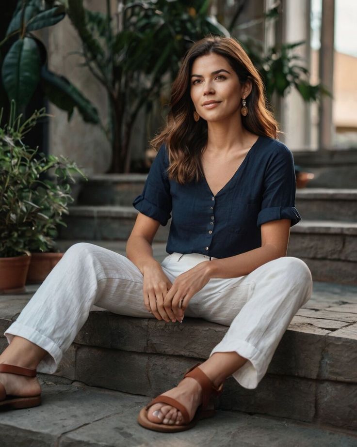 White Brown Outfit, Brown Linen Pants Outfit, Linen Top Outfit, Linen Pants White, Brown Linen Pants, Beige Linen Pants, Linen Pants Outfit, Navy Blue Linen, Navy Blue Top