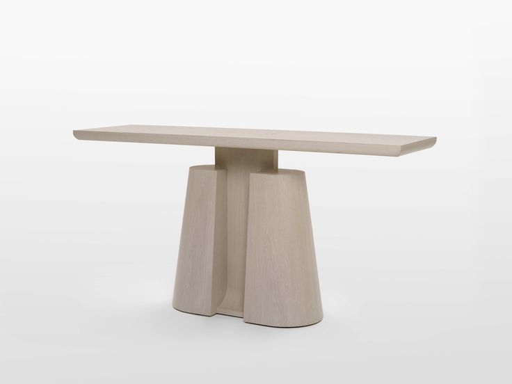 a white table with two legs and a square shaped top, on a grey background