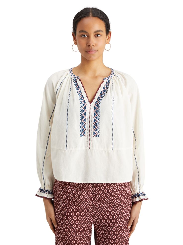 Our Top with Embroidery Details offers a refined touch to the everyday. Its delicate embroidery infuses beautiful design into its comfortable fit, making it a piece of wearable art. 85% Cotton, 15% Linen Wash – Cold Hand Wash Elegant Spring Embroidered Top With Geometric Embroidery, Elegant Embroidered Relaxed Fit Blouse, Traditional Tonal Embroidered Top For Spring, White Embroidered Relaxed Fit Top, Cotton Folk Top With Embroidered Sleeves, White Cotton Blouse With Tonal Embroidery, Elegant Embroidered Tops With Relaxed Fit, Cotton Embroidered Top With Relaxed Fit, Folk Style Cotton Top With Tonal Embroidery