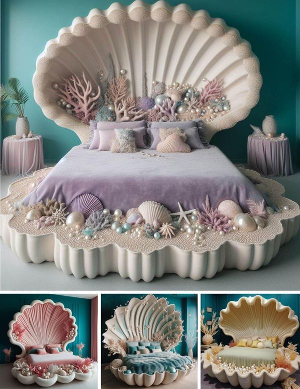 the shell bed is decorated with pearls and seashells