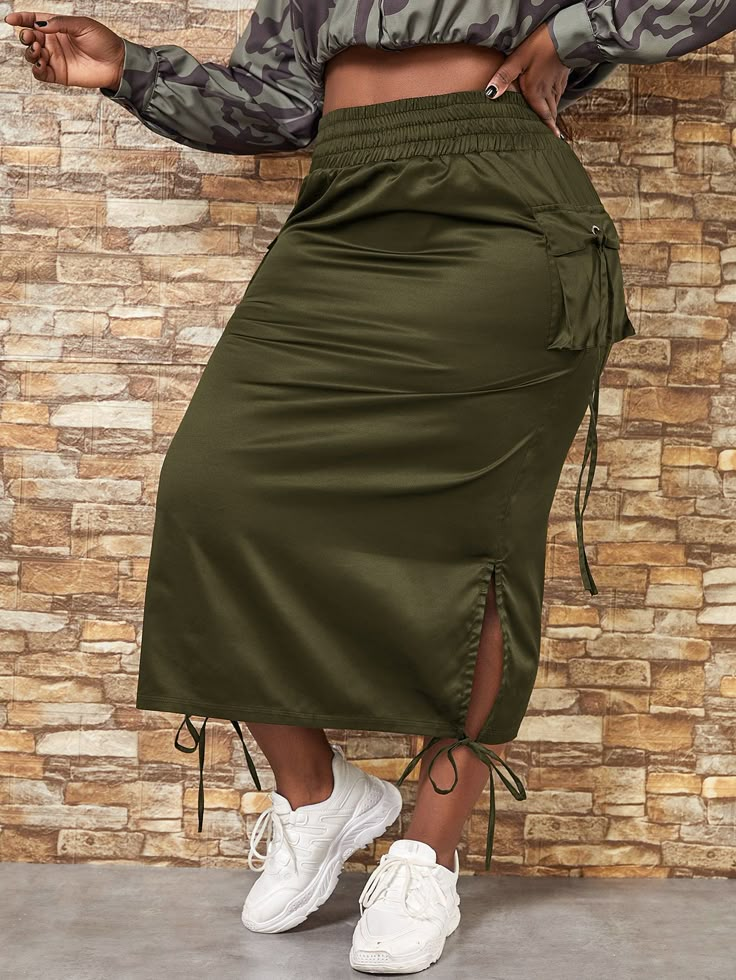 Army Green Casual   Polyester Plain Straight Embellished Non-Stretch Spring/Summer/Fall Plus Size Bottoms Plus Size Baddie, Plus Size Baddie Outfits, Rock Outfit, Trendy Skirts, Cargo Skirt, Hem Skirt, Fashion Dresses Casual, Plus Size Kleidung, Plus Size Skirts