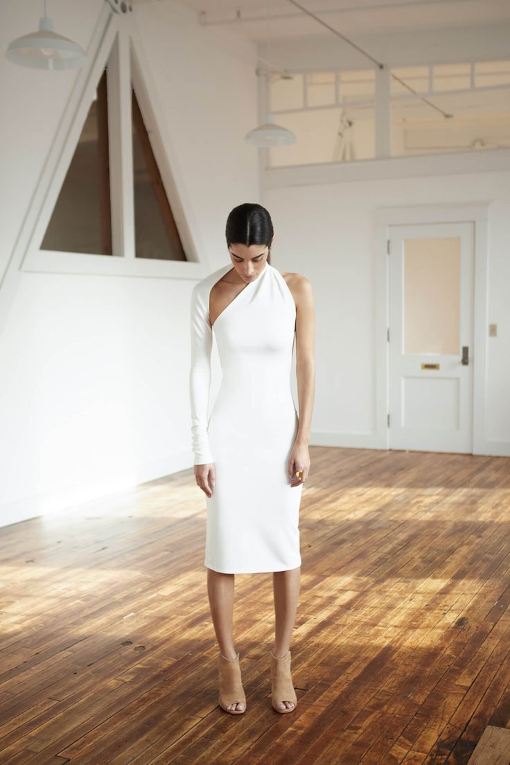 #Off White Marcella Nyc, Midi Long Sleeve Dress, Courthouse Wedding Dress, Designer Midi Dresses, One Shoulder Midi Dress, Minimalist Dresses, Courthouse Wedding, Mesh Sleeves, Winter Clothing