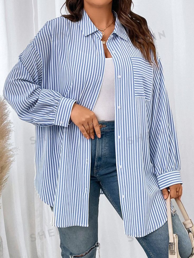 Long Sleeve Loose Blouse, Stile Hip Hop, Button Up Long Sleeve, Striped Long Sleeve Shirt, Loose Blouse, Striped Fabrics, Sleeves Pattern, Striped Blouse, Outfits Casuales