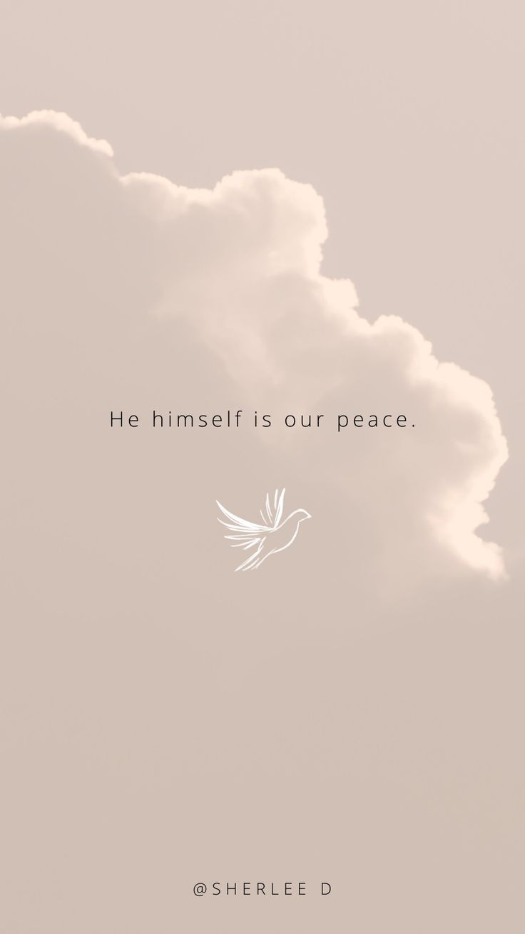 a white dove flying in the sky with a quote above it that reads he himself is our peace