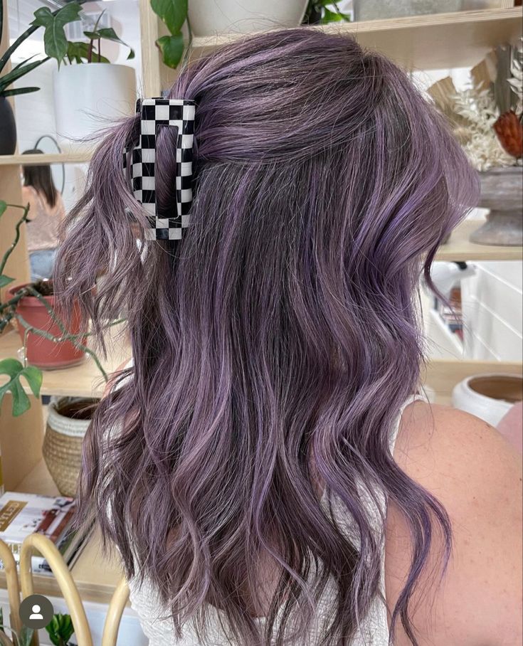 by Leah at Cedar Hair Denver Smoky Lilac Hair, Ash Purple Balayage, Light Purple Highlights Brown Hair, Ash Purple Hair Color, Lilac Highlights Brown Hair, Malia Aesthetic, Metallic Purple Hair, Ashy Purple Hair, Purple Money Piece Hair