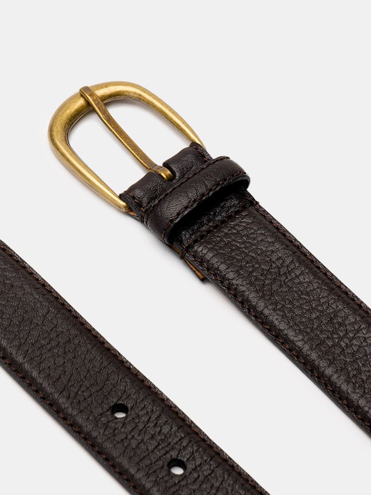 Handmade in our atelier in Alicante, Spain. Grain leather is not only a customer favourite, but also a team favourite. This belt is crafted in a grain calf which creates the little extra edge that we always look for. Made with a curved brass buckle and cut in a 3cm width. Modern Leather Belt Buckles With Brass, Modern Leather Belt Buckles With Brass Buckle, Modern Leather Belt Buckle With Brass Detail, Modern Leather Belt With Brass Buckle, Leather Workwear Belts With Brass Hardware, Leather Belts With Brass Hardware For Work, Luxury Leather Belt With Brass Hardware, Formal Leather Belt With Brass Buckle, Formal Bridle Leather Belt With Brass Buckle