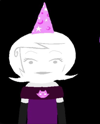 a cartoon character wearing a party hat and purple dress with stars on it's head