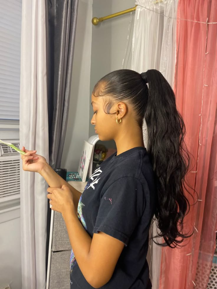 Hair Styles Barbie Ponytail, High Ponytail Extensions, Sleek Ponytail Hairstyles Middle Part, Middle Part Barbie Ponytail, Black Barbie Hairstyles, Slick Back Barbie Ponytail, Barbie Ponytail With Bangs, Long Barbie Ponytail With Swoop, Brown Barbie Ponytail