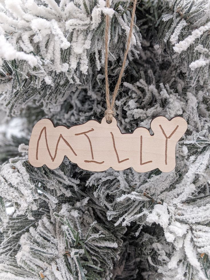 a wooden name ornament hanging on a christmas tree